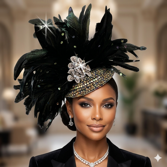The Venezia - Black Feather Beaded Juliet Cap Fascinator Headband