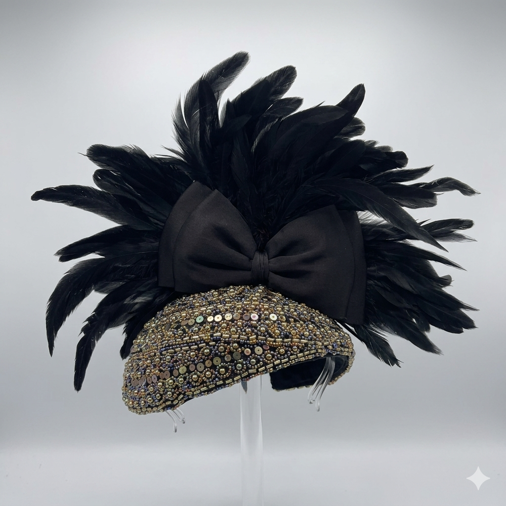 The Venezia - Black Feather Beaded Juliet Cap Fascinator Headband