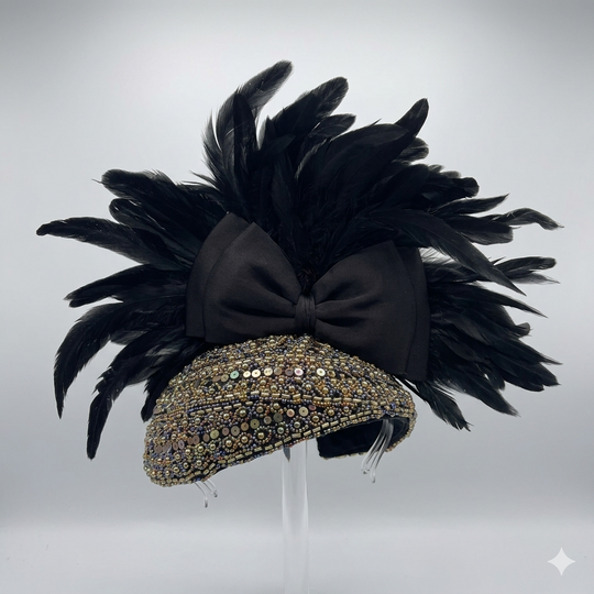 The Venezia - Black Feather Beaded Juliet Cap Fascinator Headband