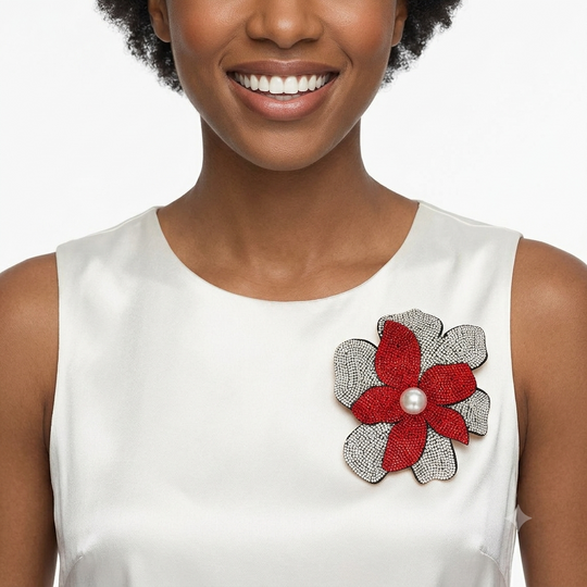 Brilliance Rhinestone Flower Brooch Pin &amp; Hair Clip - Red Silver