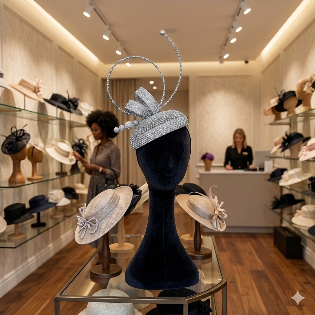 Silver headband with decorative elements on a mannequin head in a hat store.