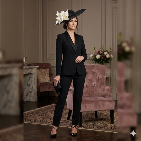 Woman in a black suit with a decorative hat in an elegant room.