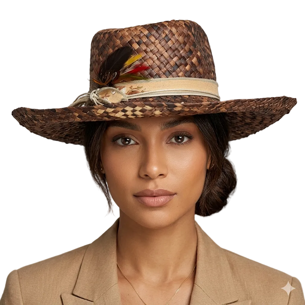 Woman wearing a woven hat with feathers against a neutral background