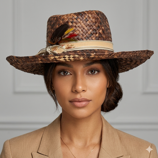 Woman wearing a woven hat with feathers against a neutral background