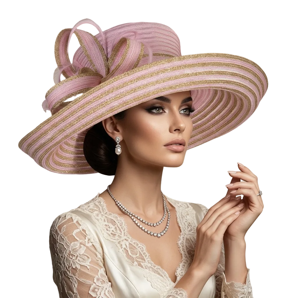Woman wearing a large pink and gold hat with a beige background