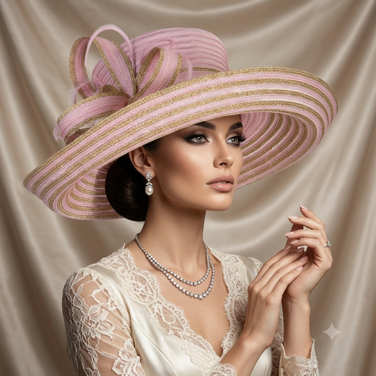 Pink and Gold Wide Brim Hat with Bow Detail