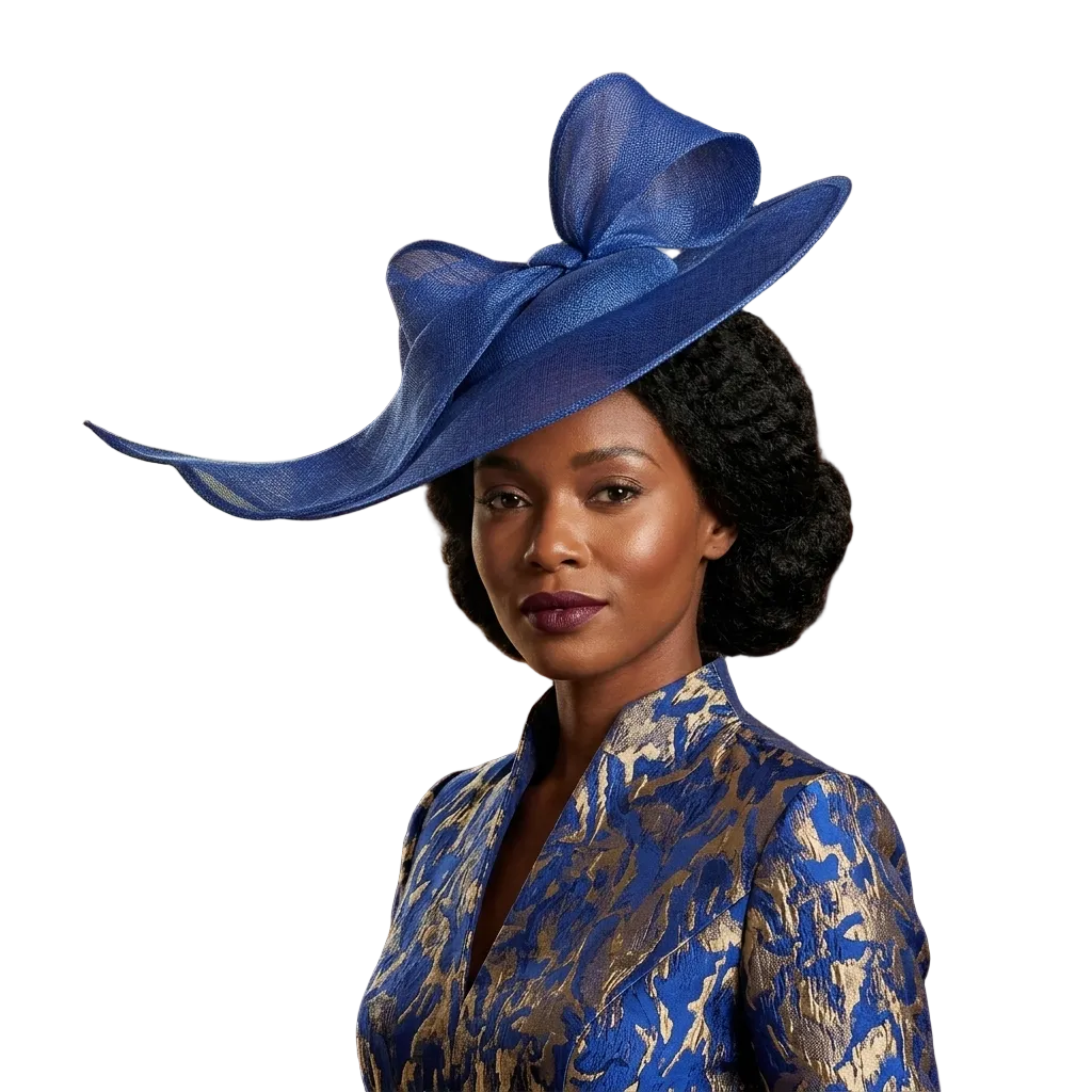 Woman wearing a blue and gold patterned outfit with a large blue hat in a room with wooden paneling and a window.