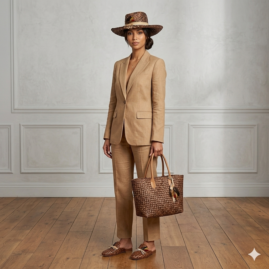 Woman in a beige suit with a hat and bag standing in a room with wooden flooring and white walls.