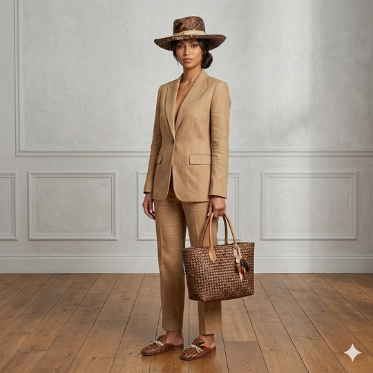 Woman in a beige suit with a hat and bag standing in a room with wooden flooring and white walls.