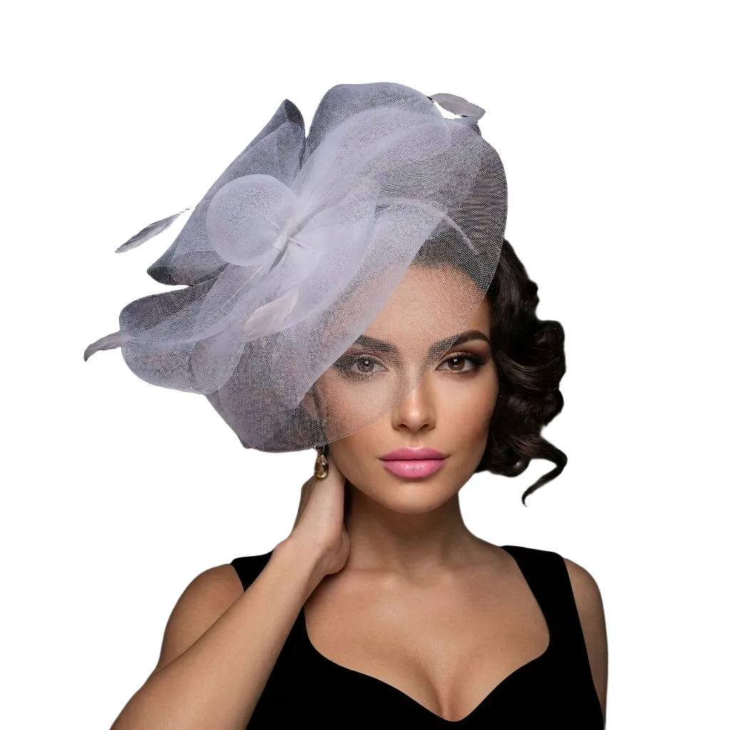 Woman wearing a white decorative headpiece against a black background
