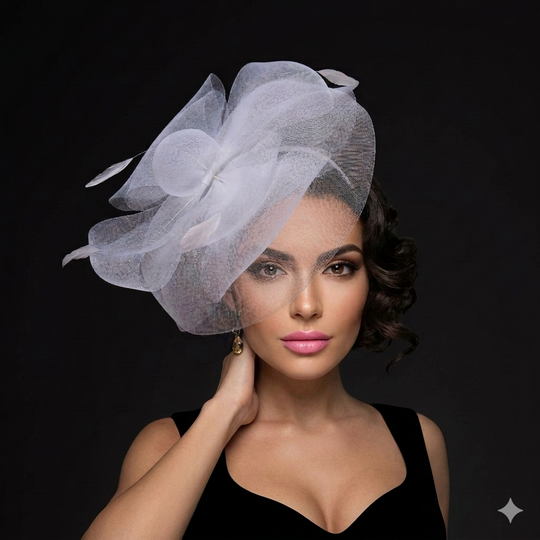 Crinoline Flower Headband Feather Trim: White