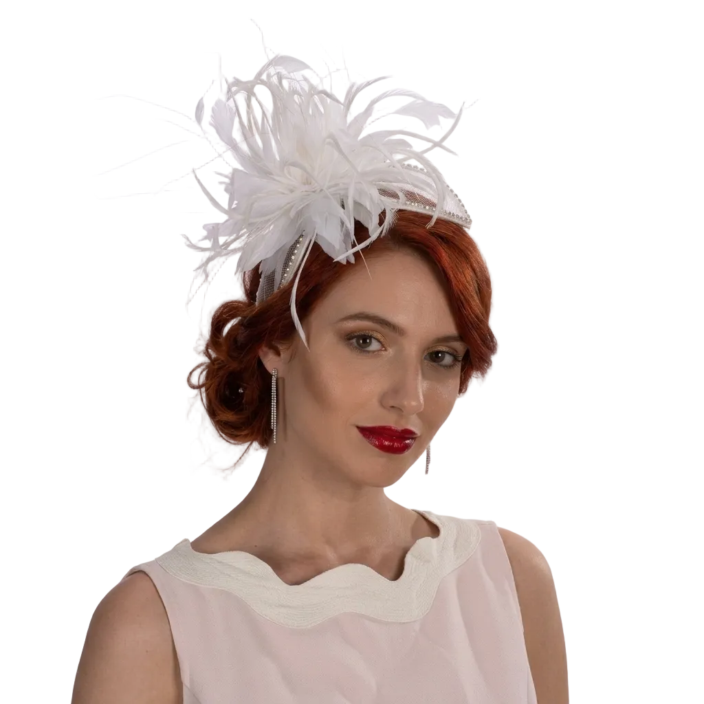 Woman wearing a white feathered headpiece against a light gray background