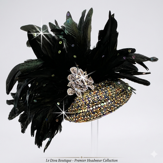 The Venezia - Black Feather Beaded Juliet Cap Fascinator Headband