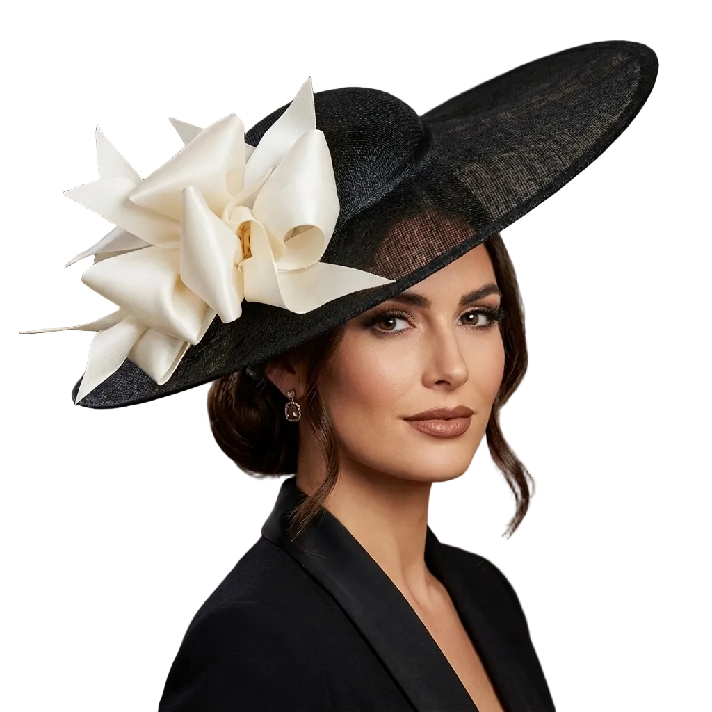 Woman wearing a black hat with a large white flower, sitting on a couch.