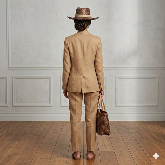 Person wearing a beige suit and hat, holding a bag, standing in a room with wooden flooring and paneled walls.