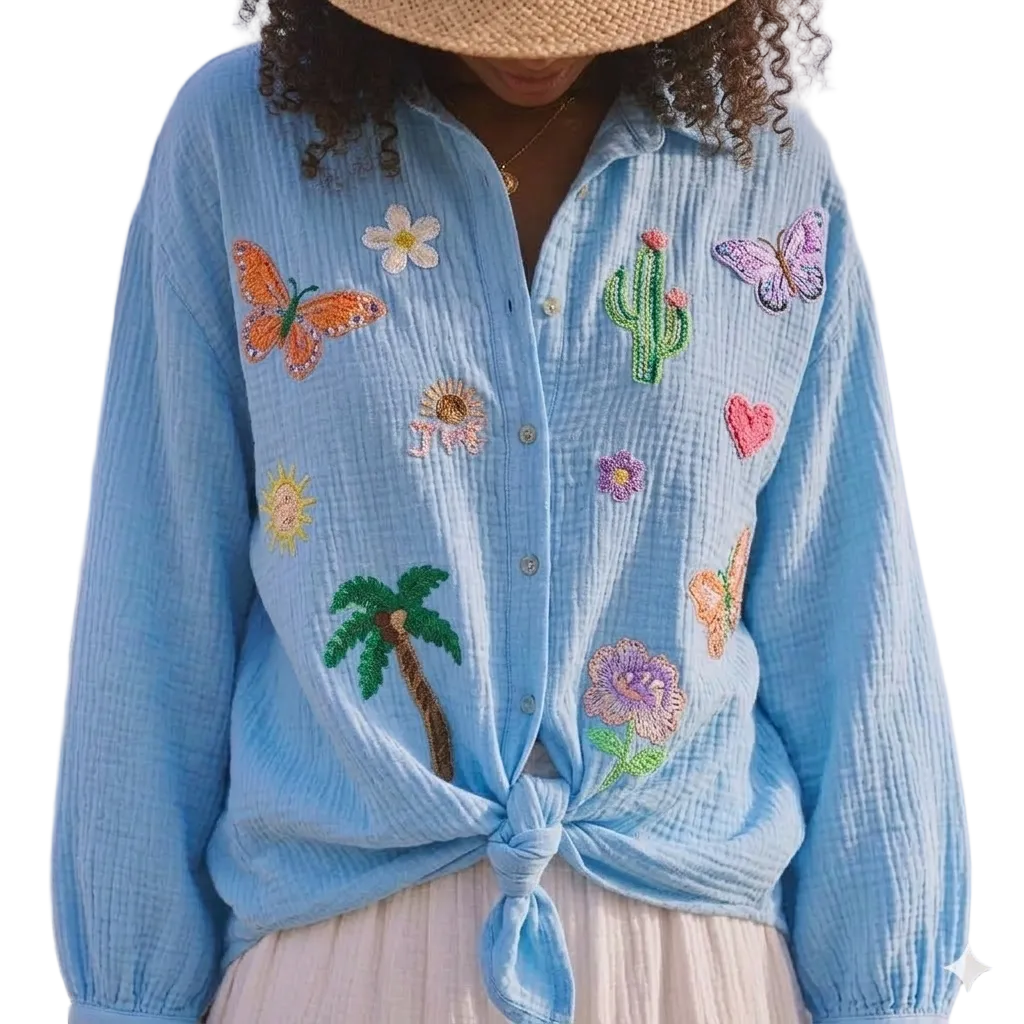 Blue Embroidered Motif Gauze Cotton Oversized Shirt - One Size