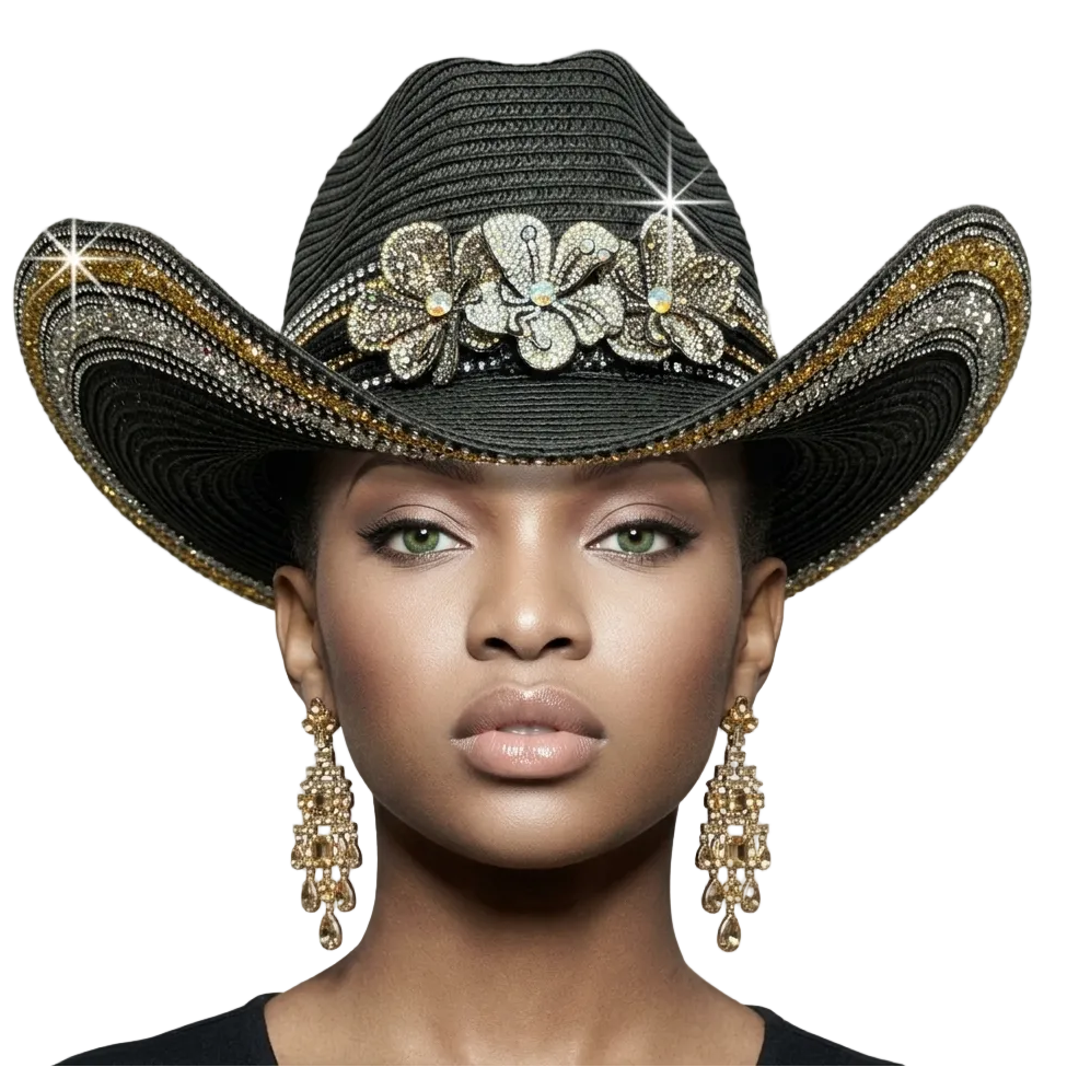 Woman wearing a black cowboy hat with decorative elements on a white background