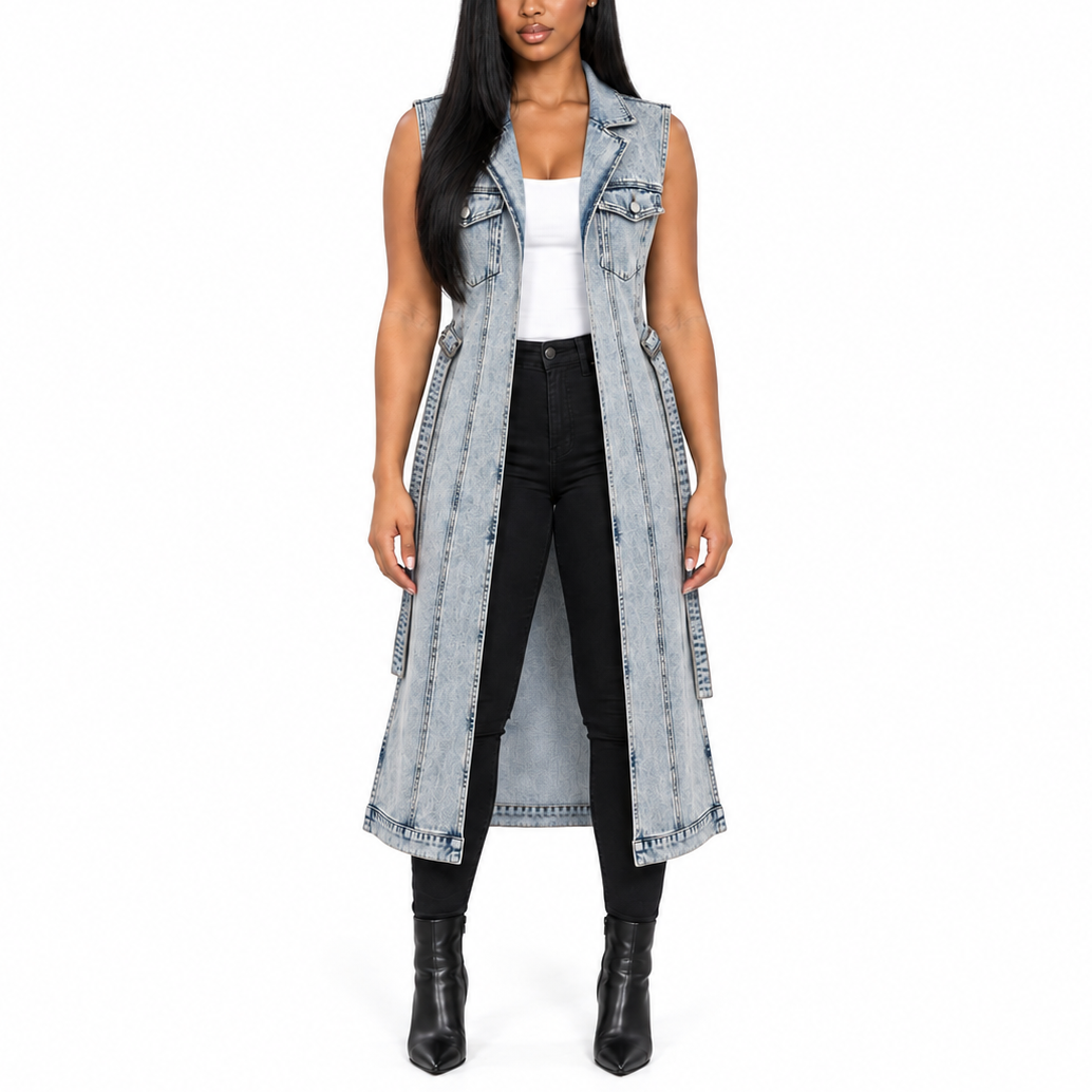 A woman modeling a long, sleeveless, light-wash denim vest with a faded gray and blue wash, worn over a white top and black pants against a plain white background.