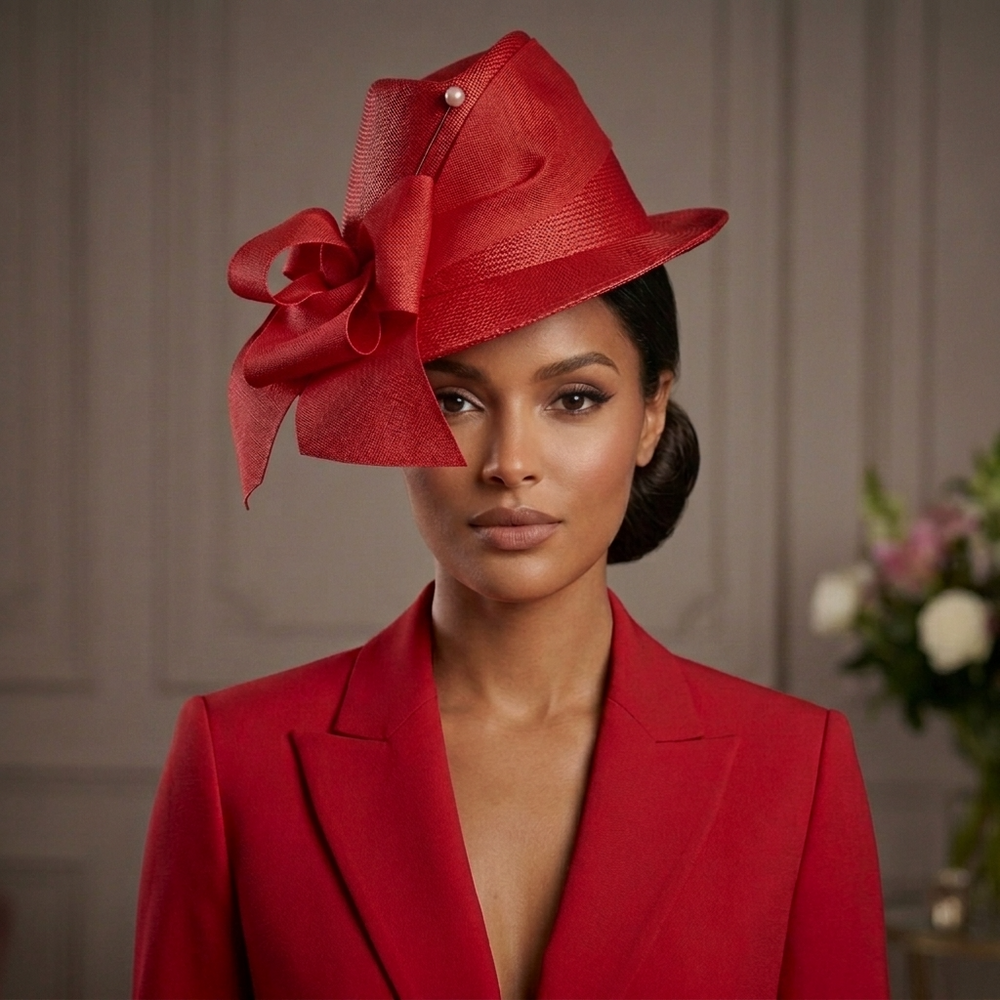 Woman wearing a red hat with a large bow and matching red blazer against a neutral background