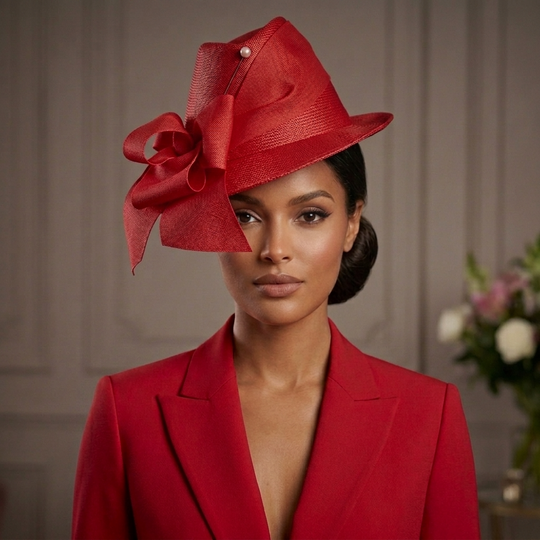 Woman wearing a red hat with a large bow and matching red blazer against a neutral background