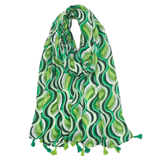 Green Abstract Cotton Blend Scarf w/tassels