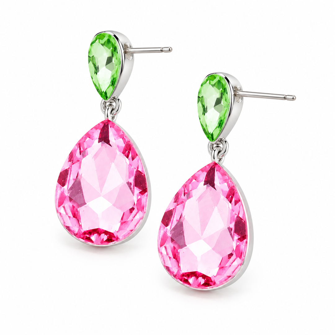 Pink &amp; Green Crystal Medium Tear Drop Earrings: Pierced