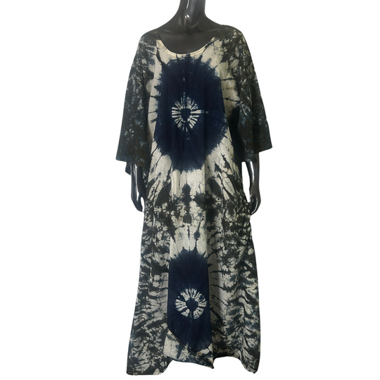 Handmade Tie Dye African Caftan - Ivory Blue