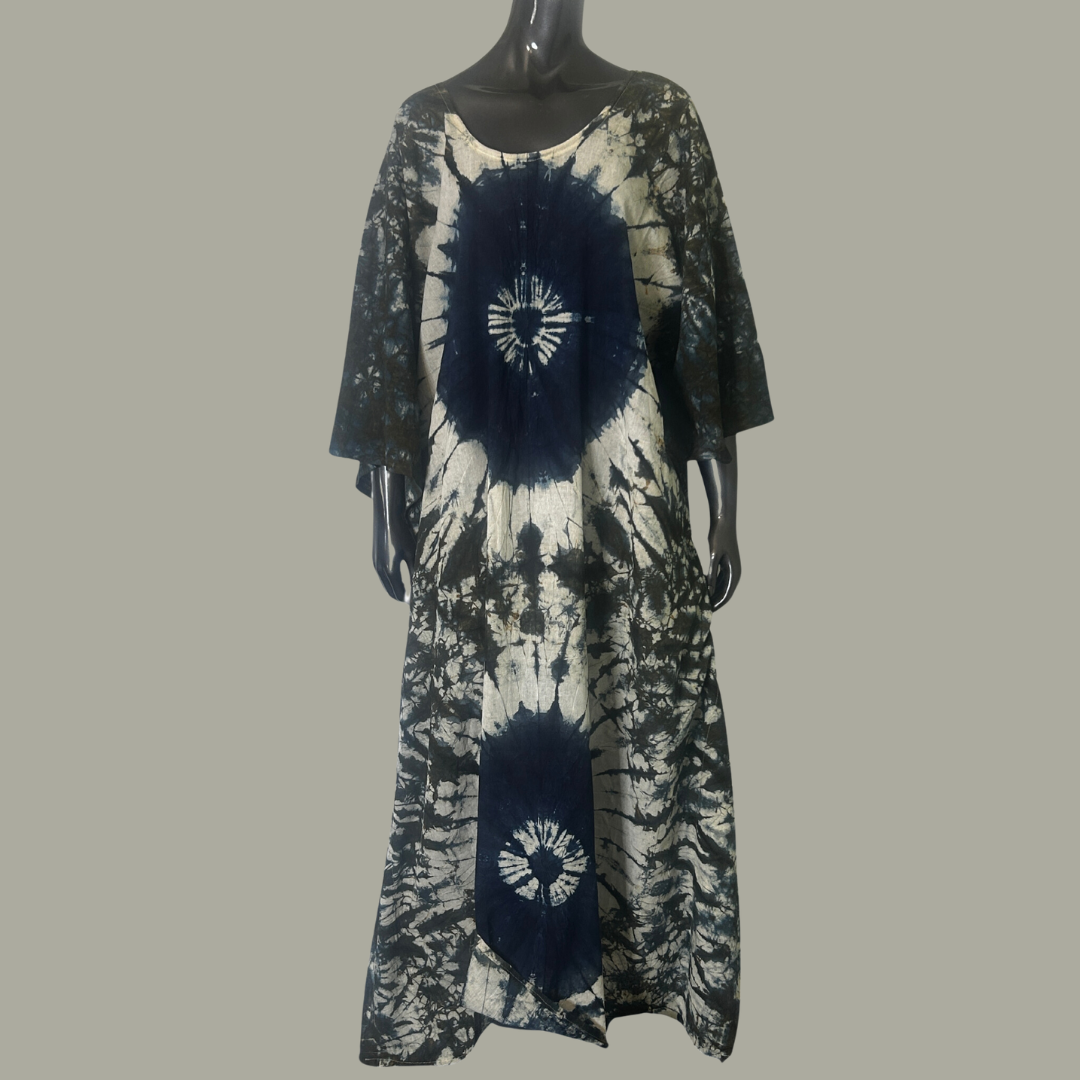 Handmade Tie Dye African Caftan - Ivory Blue