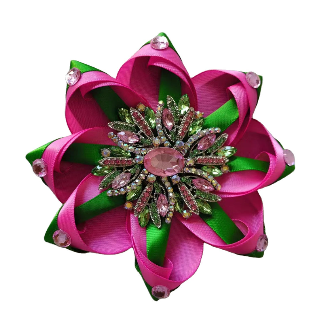 Pink &amp; Green Satin Flower Corsage Brooch Pin