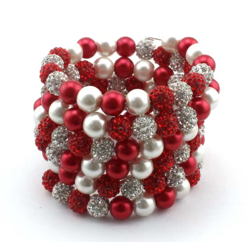 Red &amp; White Memory Wire Bracelet - Crystal Pave &amp; Pearl Bracelet