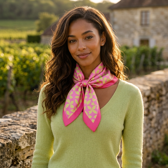 Woman wearing a pink patterned scarf in a vineyard setting