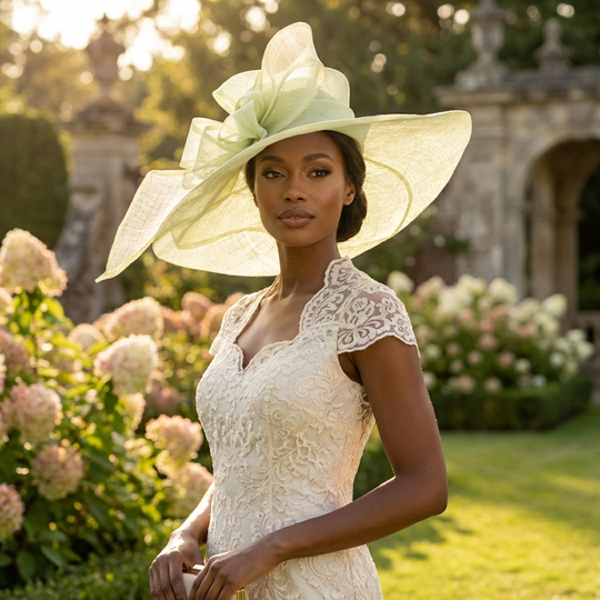 Pale Lime Sinamay Wide Brim Hat with Abstract Bow