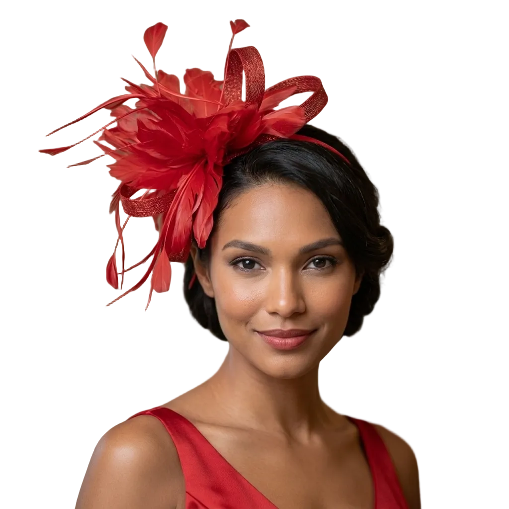 Woman wearing a red feathered headpiece against a neutral background