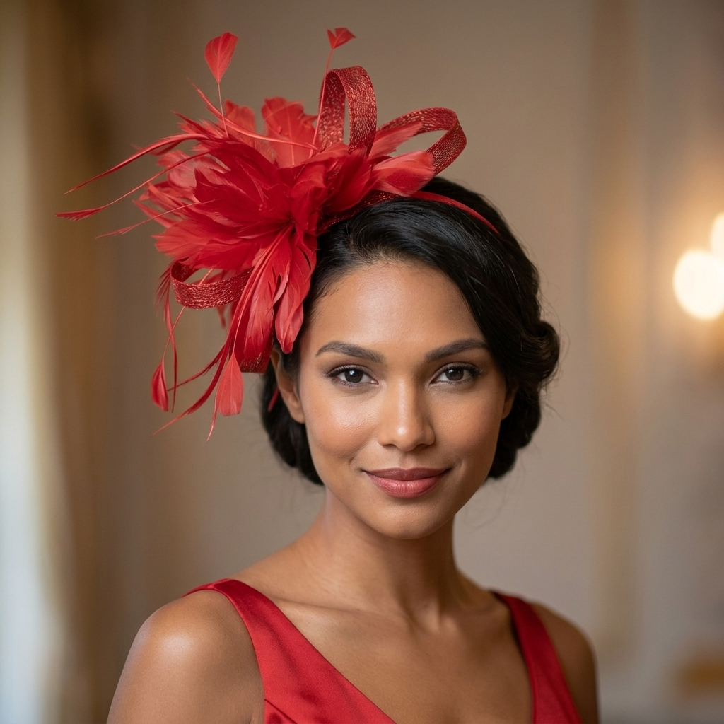 Midnight Bloom Feder-Fascinator – Rot geformter Couture-Haarschmuck