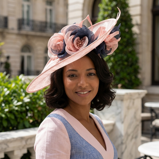 Woman wearing a decorative pink hat with floral details outdoors.