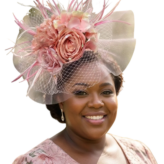 Woman wearing a decorative pink hat with flowers and feathers outdoors.