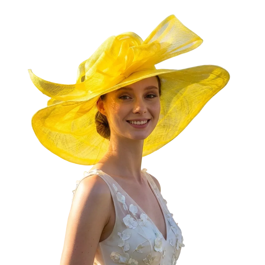 Woman wearing a large yellow hat at a horse racing event