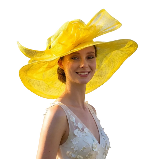 Woman wearing a large yellow hat at a horse racing event