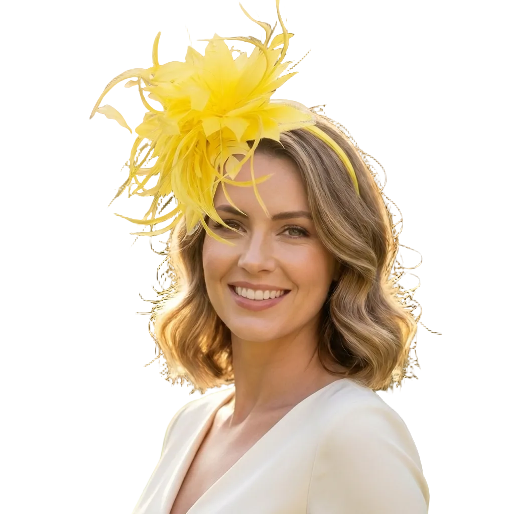 Woman wearing a yellow feathered headpiece in an outdoor setting