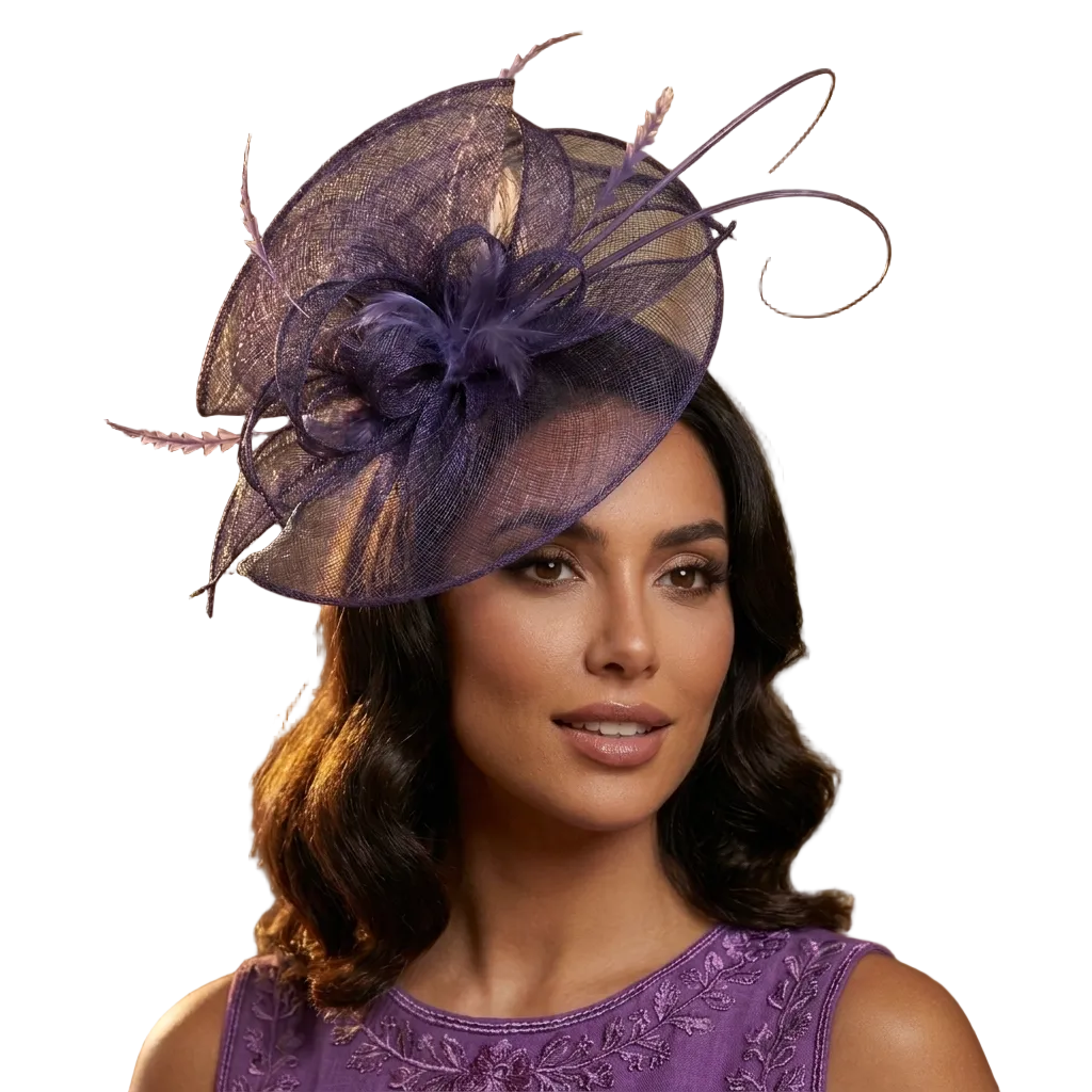 Woman wearing a purple decorative headpiece with a blurred indoor background