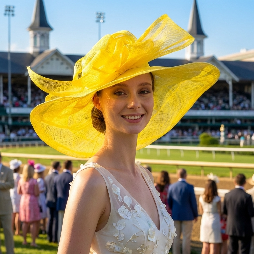 Yellow Sinamay Wide Brim Hat with Abstract Bow