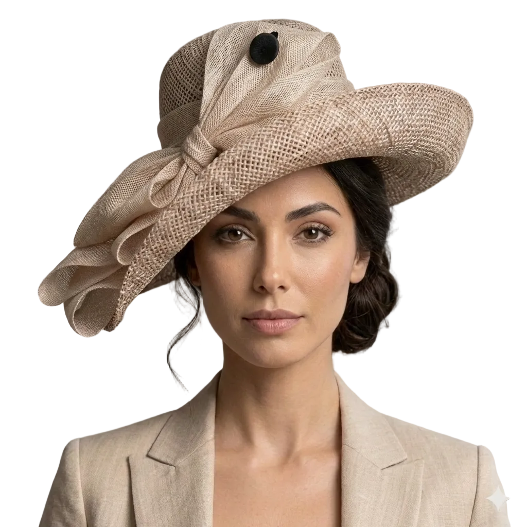Woman wearing a stylish beige hat with a bow against a gray background