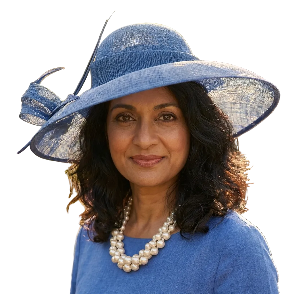 Woman wearing a blue hat with a feather and a pearl necklace, standing outdoors.