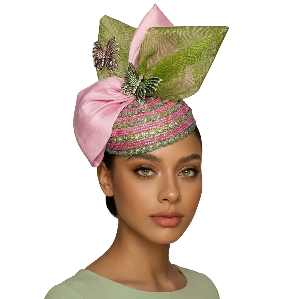 Woman wearing a decorative headpiece with pink and green colors on a beige background