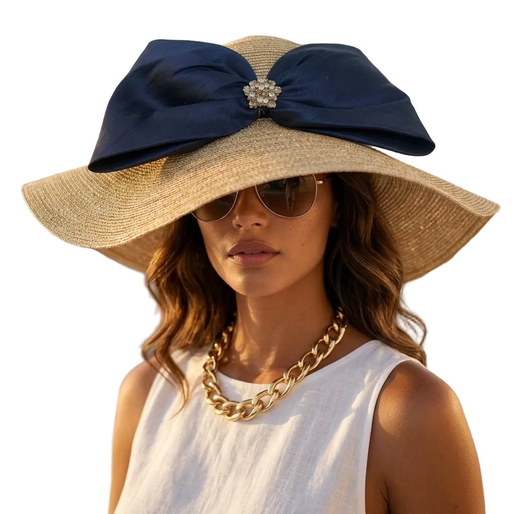 Woman wearing a large straw hat with a navy blue bow and sunglasses, standing by a waterfront.