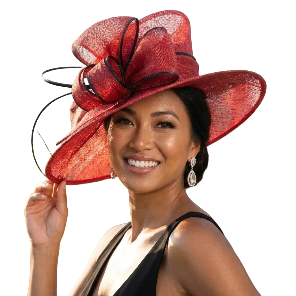 Woman wearing a large red hat with a cityscape in the background