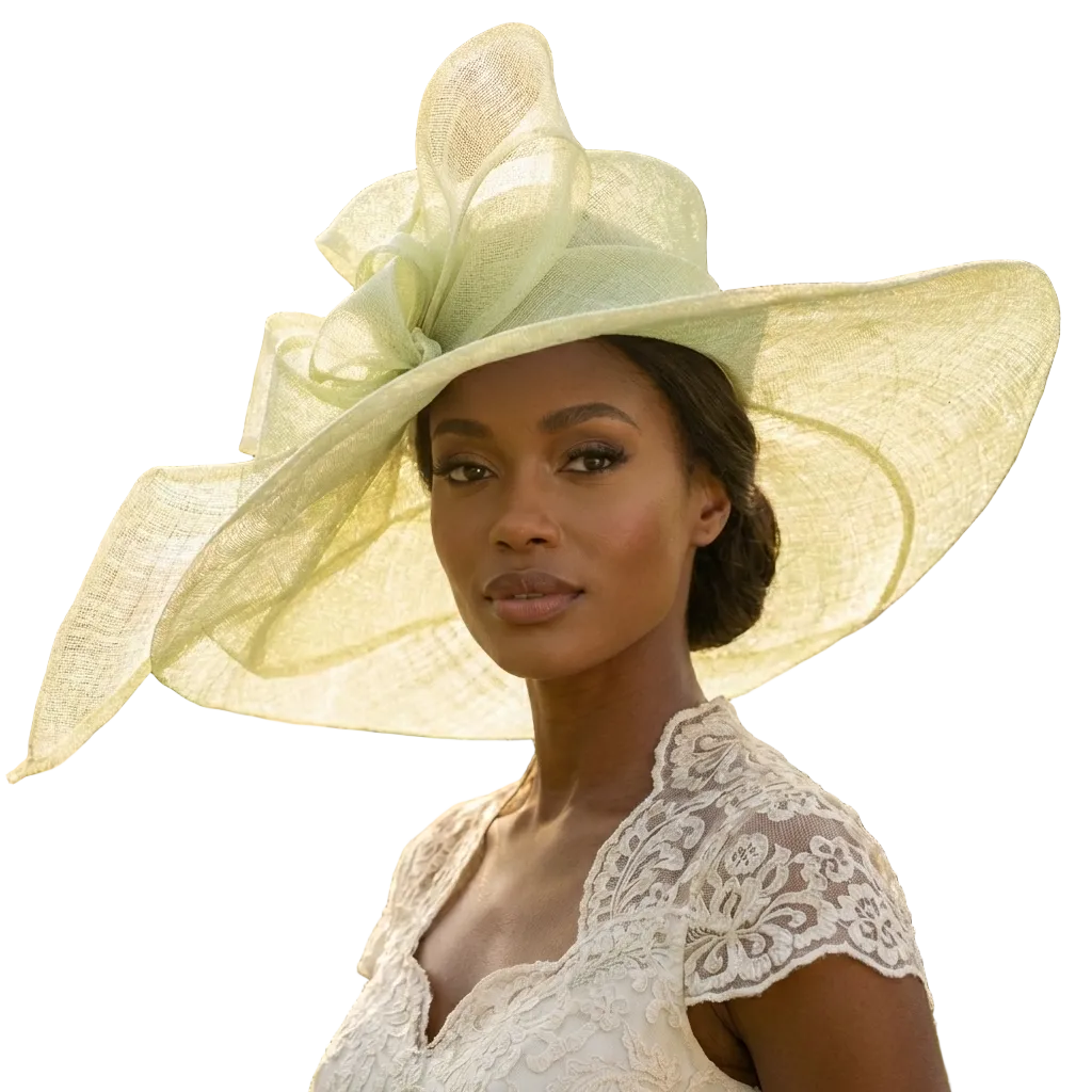 Woman wearing a large, decorative hat in an outdoor setting with blurred background
