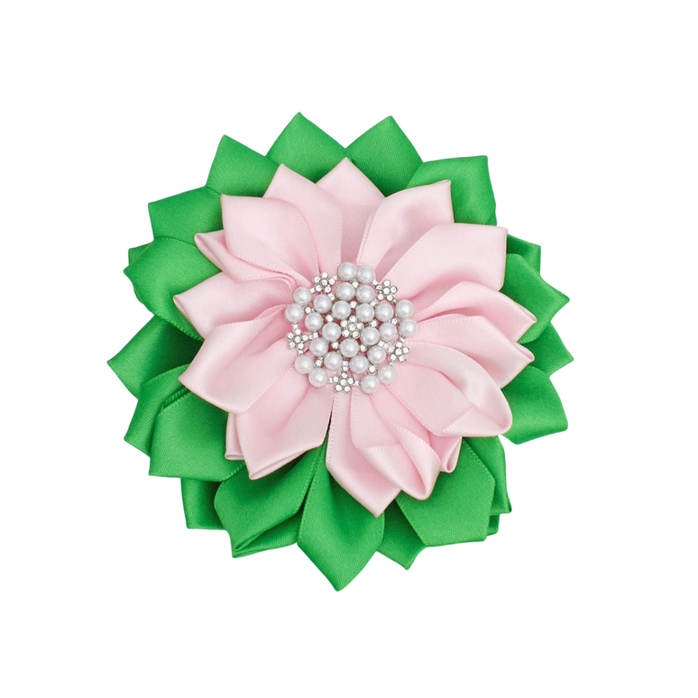 Satin Pink & Green Flower Brooch with Imitation Pearls and Rhinestones