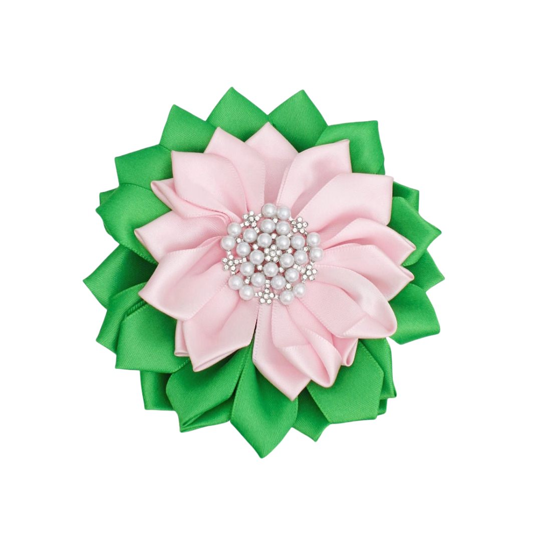 Satin Pink & Green Flower Brooch with Imitation Pearls and Rhinestones