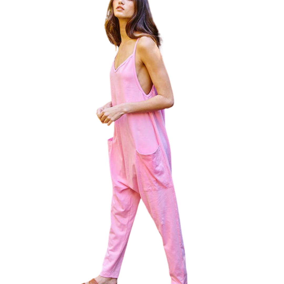 Drop Crotch V-neck Solid Jersey Jumpsuit - Pink